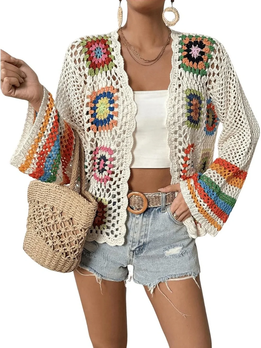 Women's Floral Crochet Cardigan Hollow Out Long Sleeve Open Front Sweater Y2K - Picture 1 of 10
